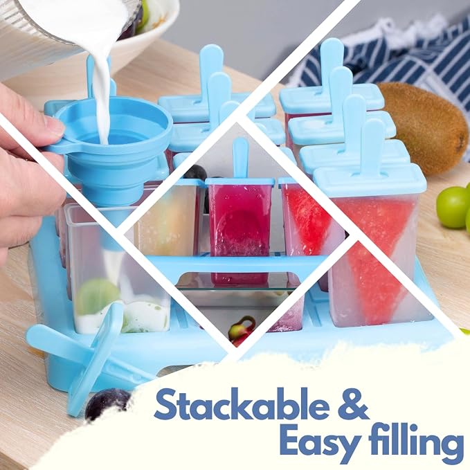 ANSMIO Popsicle Molds, 12 Reusable Ice Pop Molds with Stand, Collapsible Funnel and Cleaning Brush, BPA-Free Popsicle Maker for Homemade Fruit Pops, Yogurt Pops and Frozen Snacks