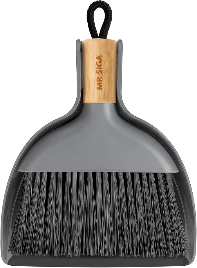 MR.SIGA Mini Dustpan and Brush Set, Bamboo Handle, Gray, 1 Set | Portable cleaning brush and dustpan combo, handheld brush and dustpan combo with hanging loop