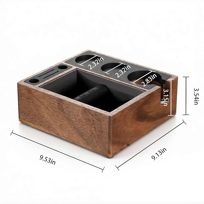 Walnut Espresso Knock Box and Tamping Station, Coffee Organizer Box Fit for 58mm Espresso Tamper Distributor Portafilter Holder & Puck Screen Multi Accessory Storage