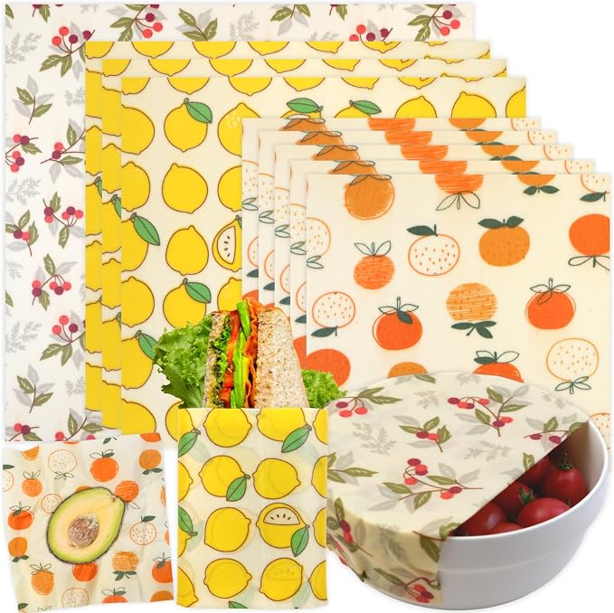 Reusable Beeswax Wrap - 9 Pack Beeswax Wraps for Food, Eco-Friendly Beeswax Food Wraps, Bread Sandwich Wrapper - Organic, Sustainable, Zero Waste, Reusable Plastic-Free Food Storage Wrap, 1XL, 3M, 5S