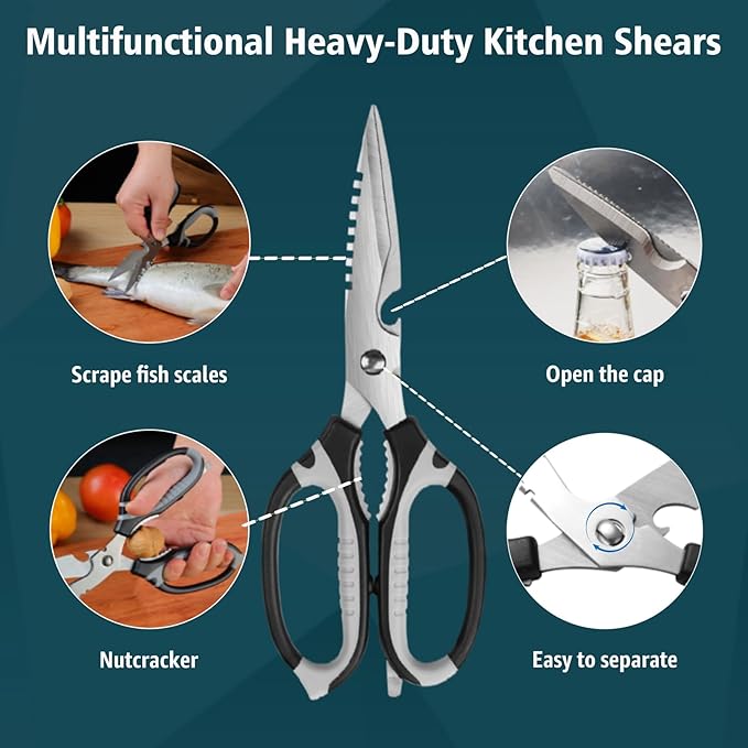 BoFuYuan Detachable Heavy Duty Kitchen Scissors for Food 9-Inch Green | Dishwasher Safe, Sharp Serrated Blade, Multifunctional, Ergonomic Non-Slip Handle, Multipurpose Cooking Food Cutting Shears