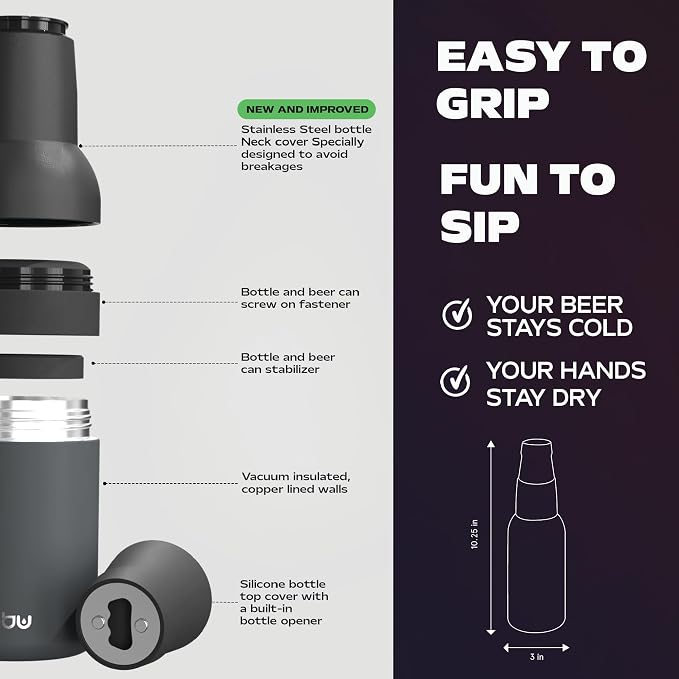 Asobu Frosty Beer Holder 2 Go Vacuum Insulated Double Walled Stainless Steel Beer Can and Bottle Cooler with Beer Opener, Bpa Free, Fits Standard 12oz Bottles & Cans, Gift for Beer Lovers (Smoke)