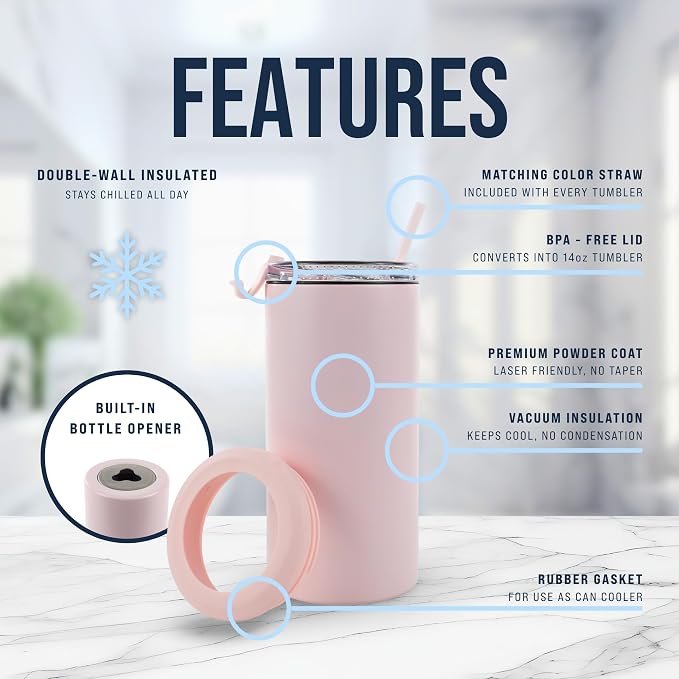 4 in 1 Universal Can Cooler - Light Pink, Can Holder Insulated, Beer Bottle Cooler, Universal Holder for All Drink Sizes, Stainless Steel Insulated Tumbler, Tailgating Accessories