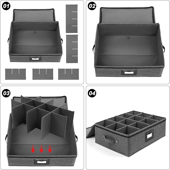 Mug Storage Box with Dividers 2 Pack, Hard Top Cup Storage for Coffee Mug | Stackable Coffee Mug Storage Box with Zipper Lid & Rivet Reinforced Handles (17"L x 13"W x 6" Black)