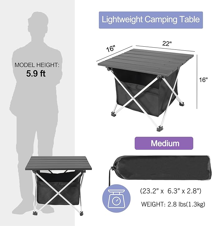 Grope Ultralight Aluminum Camping&Beach Table with Storage Bag (Black-M) | Portable & Easy to Carry, With Carry Bag for Camping, Prefect for Outdoor, Picnic, BBQ, Cooking, Festival, Beach, Home