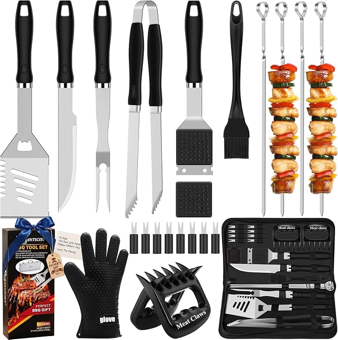 ROMANTICIST 23pcs Heavy Duty Grilling Gifts for Men Dad Fathers Day, Extra Thick BBQ Accessories Tools Set, Stainless Steel Grill Utensils Kit with Meat Claws,Canvas Bag for Outdoor Camping Black