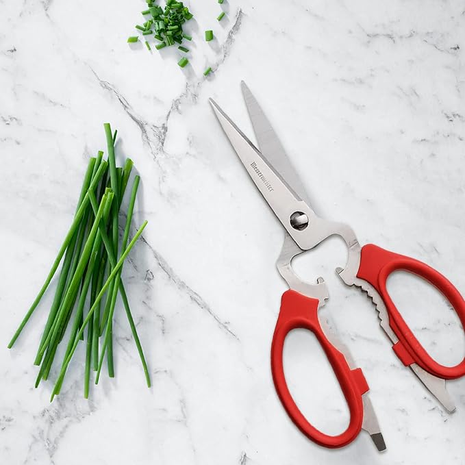 Messermeister 8-Inch Take-Apart Kitchen Scissors, Red - Includes Screwdriver, Nut Cracker, Jar Lid Opener/Gripper, Bottle Opener & Bone + Twig Cutter - Suitable for Lefties & Righties