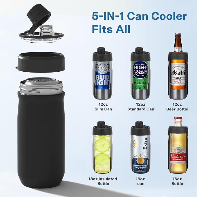 5 In 1 Beer Can Cooler Bottle Holder with Drinking Spout Lid for 12oz Regular, Slim Skinny Cans Bottles,Sealed Insulated Double Wall Vacuum Stainless Steel Can Keeps Your Drinks Cold(Black)