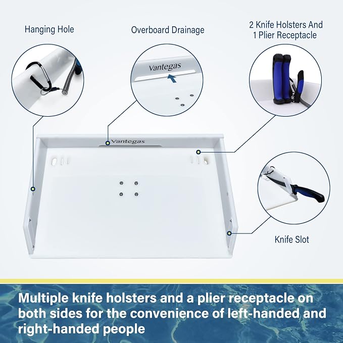 Boat Cutting Board Bait Table Filet Board For Fish Cleaning Station White Fishing Fillet Table, In Single Rod Holder With Plier Storage and Knife Slot, Marine Accessories For Boats Grill