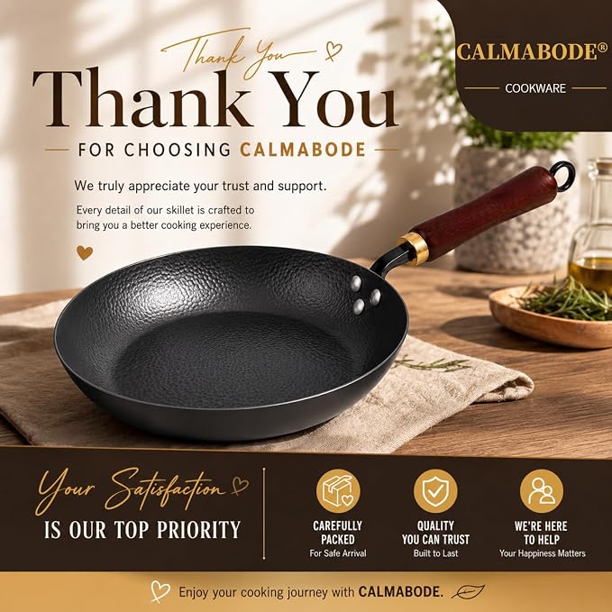 Calmabode 10.5" Hand Hammered Carbon Steel Skillet for Searing | Uncoated surface; removable handle for oven use, smoother food release with seasoning, and compatibility with all stovetops.