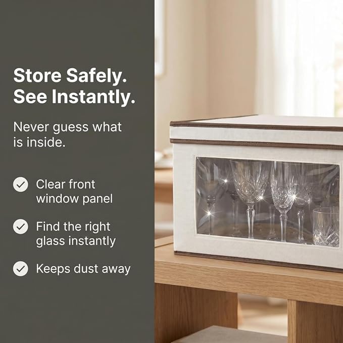 Household Essentials Wine Glass Storage Box in Strong Frame, Handles, Windowed Panel and 12 Compartments, Cream with Brown Trim