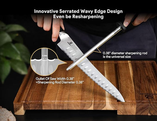 Resharpenable Bread Knife, 8 Inch Multifunction Serrated Knife, German HC Stainless Steel Bread Cutting Knife with Innovative Wavy Edge for Efficient Slicing, Razor Sharp for Homemade Bread