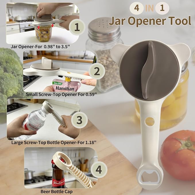 4-in-1 Jar Opener for Weak Hands, Seniors with Arthritis (Beige) | Multi-Purpose Lid Opener, Includes Magnetic Hook & Rubber Gripper, for Jars, Bottles and Beer Caps, Simple Twist-off