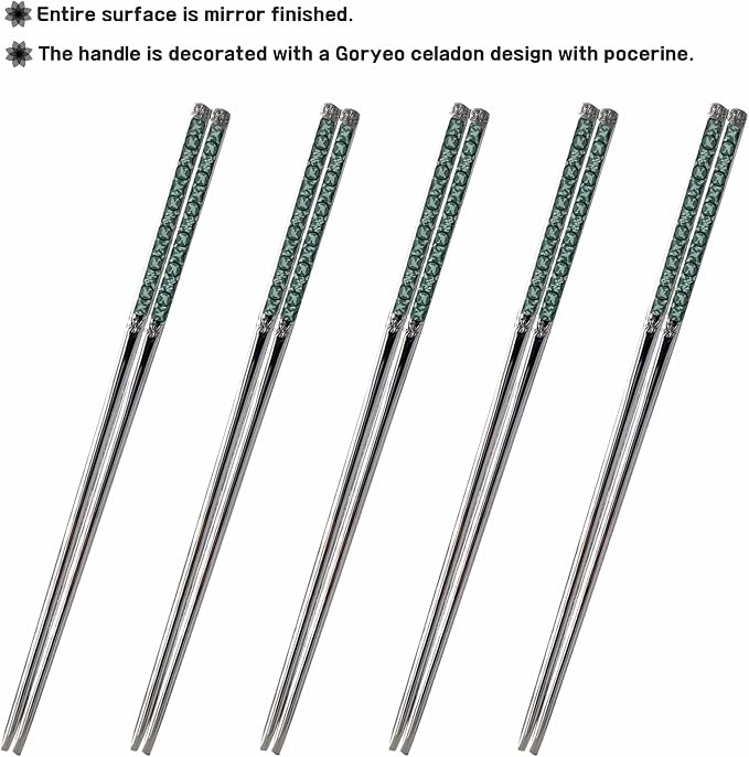 Chopsticks [Made in Korea][5 Sets] 430 Premium Stainless Steel Chopsticks, Mukbang Kitchen Utensil, Cutlery Silverware Stainless Tableware (Goryeo Celadon Blue)
