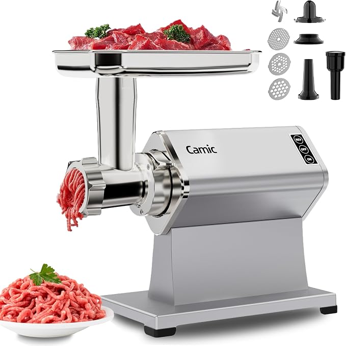 Camic Electric Meat Grinder - 300W Sausage Stuffer for Home Kitchen Use Meat Mincer with Stainless Steel 3 Plates, 1 Blade, Sausage Tube, Kubbe Maker (Sliver)