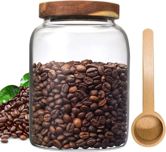 Glass Coffee Storage Jar with Lids Scoop Round Glass Coffee Ground Containers Borosilicate Glass Food Canister for Cereals Oats Beans Nut Sugar Candy Spice Rice Tea
