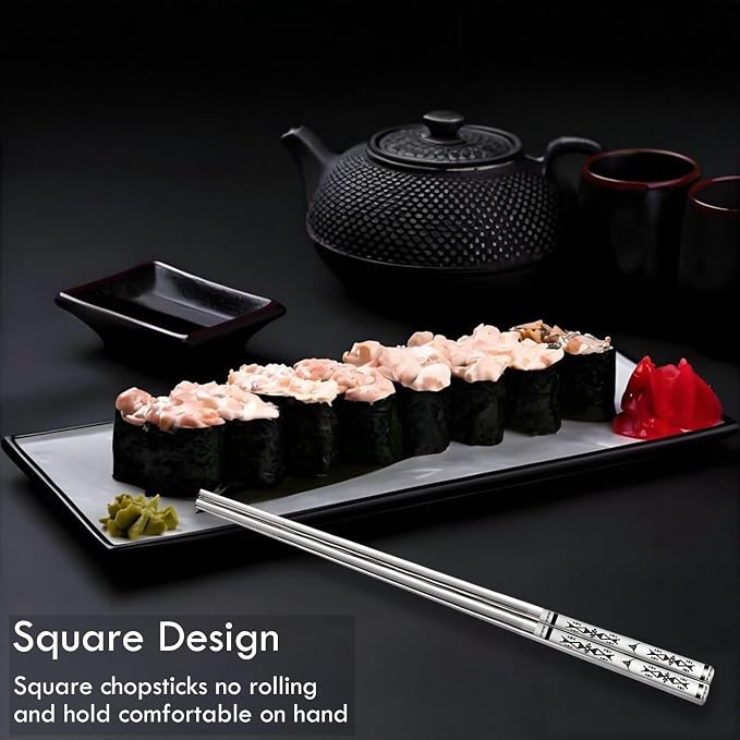 Metal Chopsticks Reusable 5 Pairs 18/8 Stainless Steel,Gift Box Set Silvery | Dishwasher Safe,Non-Slip,Square Lightweight,Boho Style