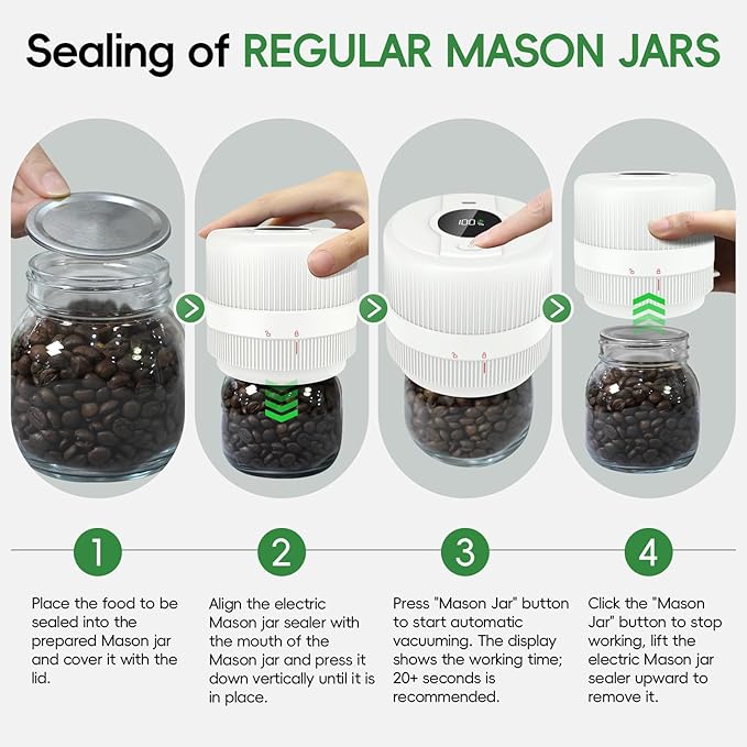 Mason Jar Vacuum Sealer Kit, Electric Sealer for Wide and Regular Mouth Mason Lids, Canning Vacuum Sealer Mason Jar, Automatic Vacuum Sealer Machine for Food Storage - White