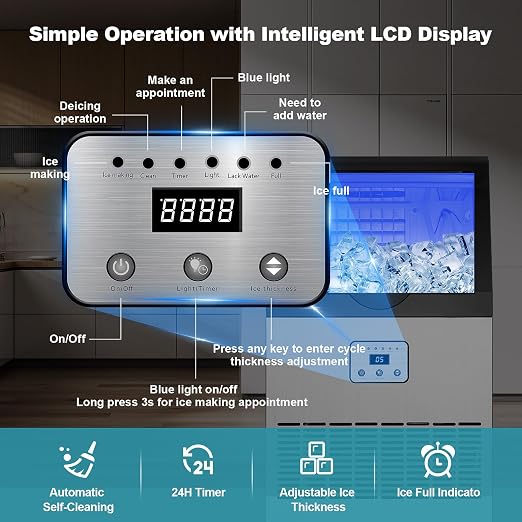 Amzgachfktch Commercial Ice Maker, 100lbs/24H Ice Maker Machine, Auto Self-Cleaning, LED Digital Display, Blue Light, Under Counter/Freestanding Ice Machine for Home/Office/Restaurant/Bar