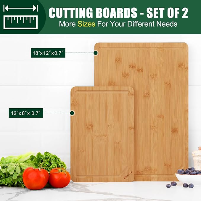 Homaxy Organic Bamboo Cutting Boards Set for Kitchen Set of 2 | Wooden Cutting Board Set with Juice Groove and Handles, Charcuterie Butcher Block Serving & Chopping Board, Pre Oiled