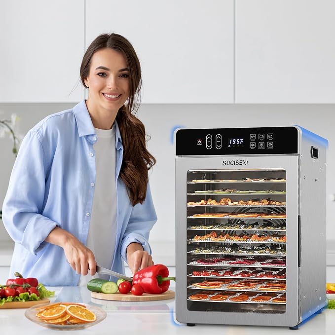SUCISENI Food Dehydrator Machine for Jerky 11ft², 12 Trays 1000W Stainless Steel Dehydrator with 24H Timer 195℉ Temperature Control, Food Dryer Dehydrated for Meat, Fruits, Veggies, Dog Treats