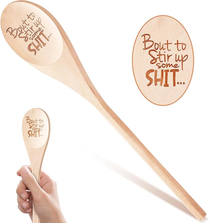 Bout to Stir Up Some Shit Funny Wooden Spoons Christmas Gift Large Funny Spoon Laser Engraved Gifts Personalized Home Kitchen Long Handle Spoons for Cooking Tools Wooden Non-Stick Surface Spoon