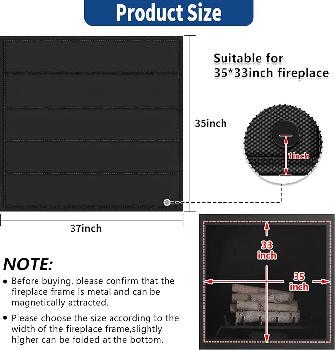 Fireplace Cover, Magnetic Fireplace Blocker Blanket Stops Heat Loss, Indoor Fireplace Draft Stopper Save Energy, Magnetic Fireplace Draft Cover for Iron Fireplace Frame (37"x35")