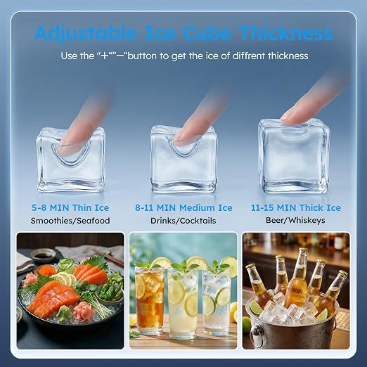 Commercial Ice Maker Machine - 150 Lbs/24H, Commercial Ice Machine with 50 LBS Storage Bin, Under Counter or Freestanding Ice Maker, 45 Ice Cubes in 5-15 min, Thicknesses Adjustable, Stainless Steel