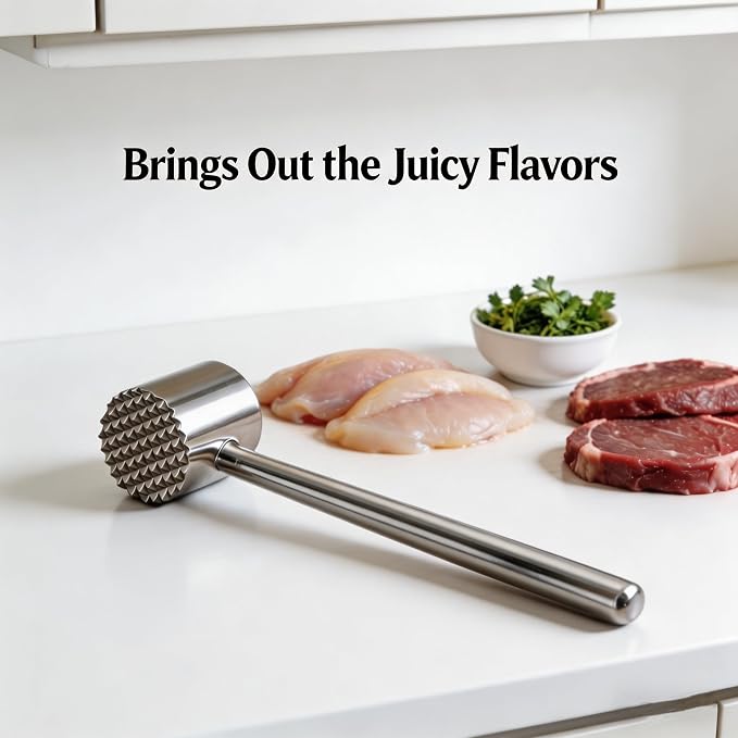 Stainless Steel Meat Tenderizer 18/8 Food Grade Kitchen Mallet Steak Pounder Flatterner for Beef and Poultry - Commercial Quality 100% Dishwasher Safe