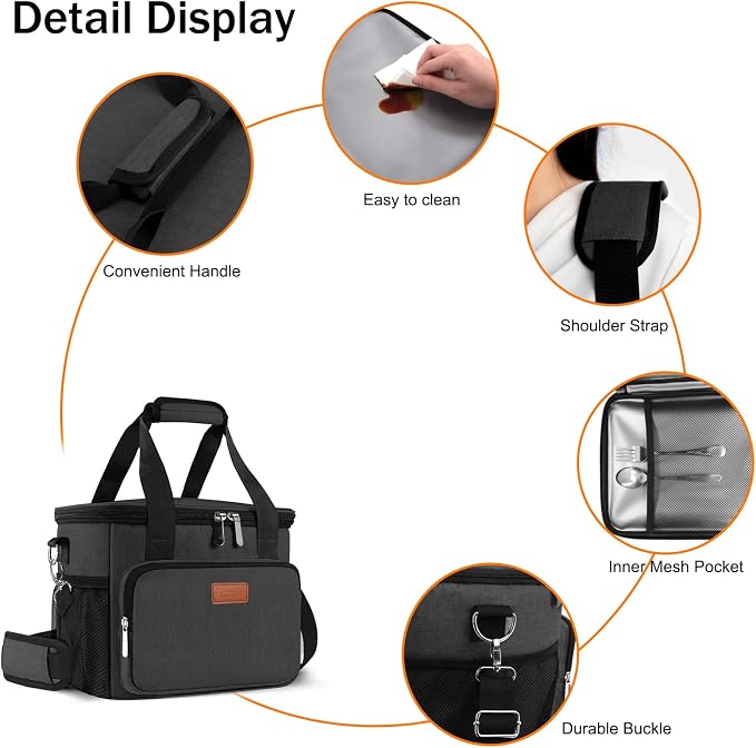 Lunch Bags for Women/Men, Insulated Lunch Bag for Work Office Picnic - Large Lunch Cooler Bag Leakproof Lunch Box with Adjustable Shoulder Strap for Adults - Charcoal(15L)