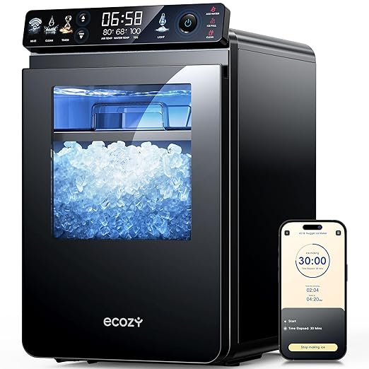 ecozy Nugget Ice Maker Countertop, Smart Pebble Ice Machine with APP Control, 44 lbs Per Day Soft Pellet Chewable Ice with Self-Cleaning, Black