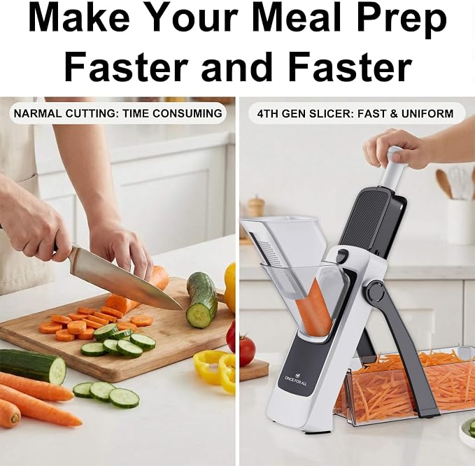 ONCE FOR ALL Safe Mandoline Slicer Pro, Veggie Slicer with Container, Gray | 4th Gen, 0.1-8mm Adjustable Kitchen Mandoline Slicer, Veggie Chopper Cutter For Potato Onion Fruit, Stainless Steel, Gift
