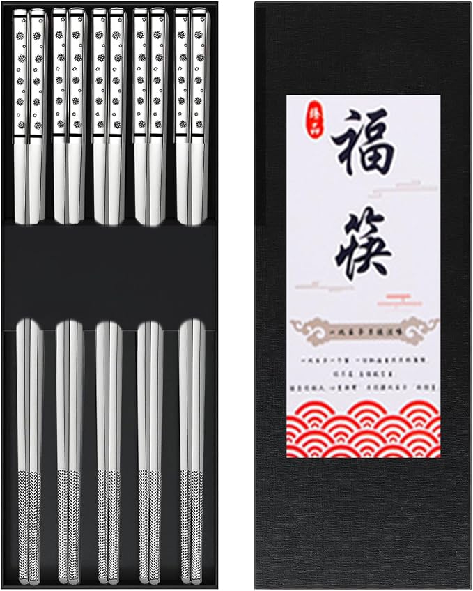 Metal Chopsticks Reusable,18/8 Stainless Steel,Silver,5PC Cherry Blossom | Gift Box Set,Square,Lightweight, Non-Slip,Laser Engraved Patterns No fade