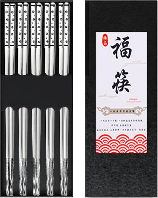 Metal Chopsticks Reusable,18/8 Stainless Steel,Silver,5PC Cherry Blossom | Gift Box Set,Square,Lightweight, Non-Slip,Laser Engraved Patterns No fade