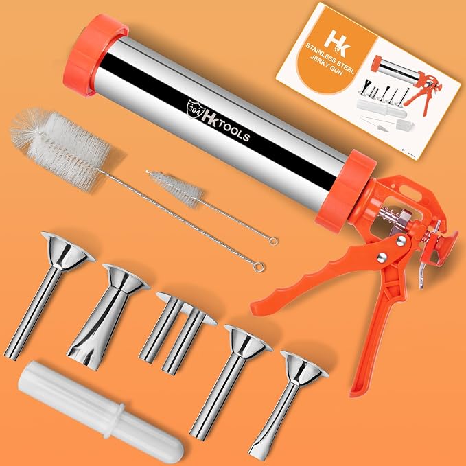 5rd Gen 2.5 LB Jerky Gun Kits, Jerky Maker Gun, Beef Jerky Gun, Stainless Steel Sausage Stuffer Jerky Making Gun with 5 Stainless Nozzles, 2 Cleaning Brushes, 1 Stomper