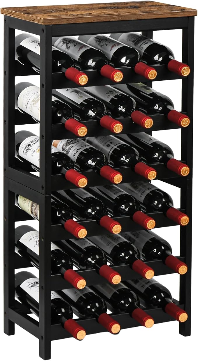 VASMIA Wine Rack Freestanding Floor, 6 Tier Bamboo Wine Storage Shelves with Table Top, 24-Botttle Wine Rack Shelf for Kitchen Bar Dining Room Living Room, Rustic Brown and Black