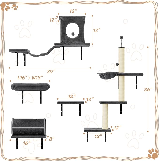 NUNU LAB 7-in-1 Cat Wall Shelves, Wall Mounted Cat Climber Set, Cat Furniture with House, Tunnel, Bridge, Steps, Scratcher, Hammock, Shelves for Indoor, Drak Grey
