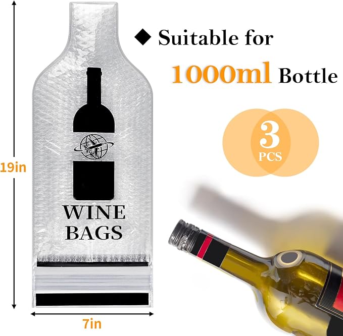 3 Pack Wine Bottle Travel Bags 19x7 Inch Leak Proof for Airplane Cruise | Protector bags with PVC shell and cushioned inner layer, triple seal with double zip lock