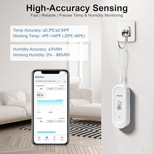eMylo Wireless Sensor RTH08 IP65 Waterproof Thermometer Hygrometer | Indoor Outdoor Temperature Humidity Sensor with APP Alert, 328ft Range for Home Greenhouse Basement (WiFi Gateway Required)