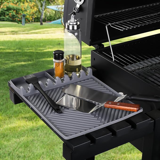 Find law Silicone Tools Mat for Griddle & Kitchen Countertop | Grey Side Shelf Spatula Mat with Drip Pad for Blackstone Weber Traeger Pit Boss Flat Top Grill Smoker, BBQ Gifts for Men