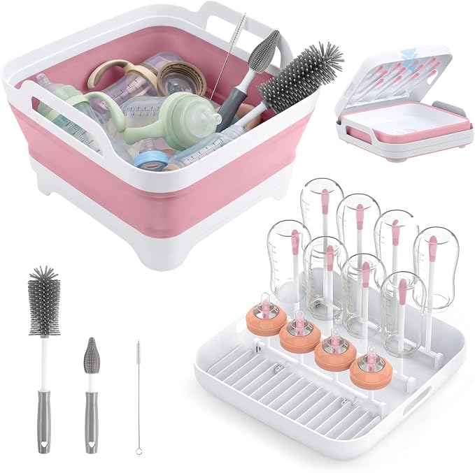 Yecuip Collapsible Baby Bottle Wash Basin w/Drying Rack & Drain Plug, Pink | 2.4 Gallon Foldable Dish Tub w/Handles,Portable RV Camping Sink & Space-Saving Wash Bin with Lid for Kitchen,Travel & Outdoor
