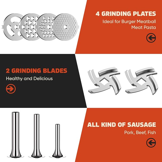 GVODE Stainless Steel Meat Grinder for KitchenAid Mixer, with Burger Press | Dishwasher Safe, Meat Grinder Attachment for KitchenAid Stand Mixer Includes 4 Grinding Plates, 3 Sausage Tubes, 2 Blades