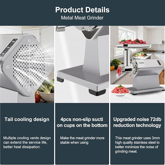 Camic Electric Meat Grinder - 300W Sausage Stuffer for Home Kitchen Use Meat Mincer with Stainless Steel 3 Plates, 1 Blade, Sausage Tube, Kubbe Maker (Sliver)