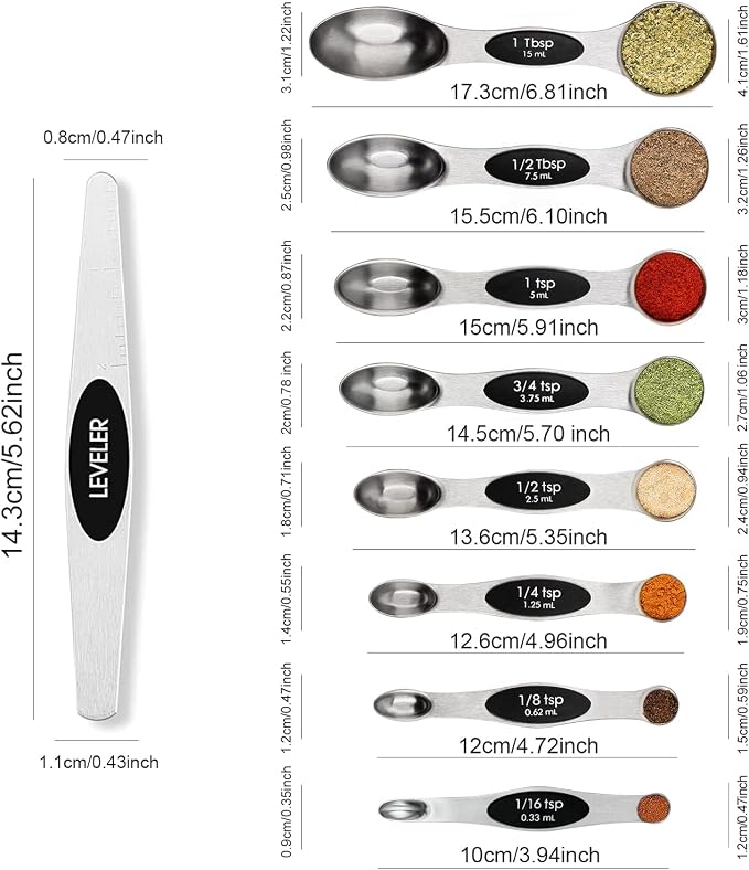 Magnetic Measuring Spoons Set Stainless Steel with Leveler-9pcs Stackable Metal Tablespoon Measure Spoon for Baking-Measuring Cups and Spoon Set Kitchen Gadgets Apartment Essentials Fits in Spice Jars