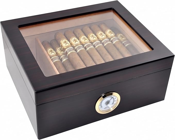 Premium Cigar Humidor - Holds 25-50 Cigars, Spanish Cedar Wood with Ebony Black Finish, Shatter-Resistant Glass Top, Built-In Hygrometer, Humidifier & Divider Included - 10.25" x 8.75" x 4.5"