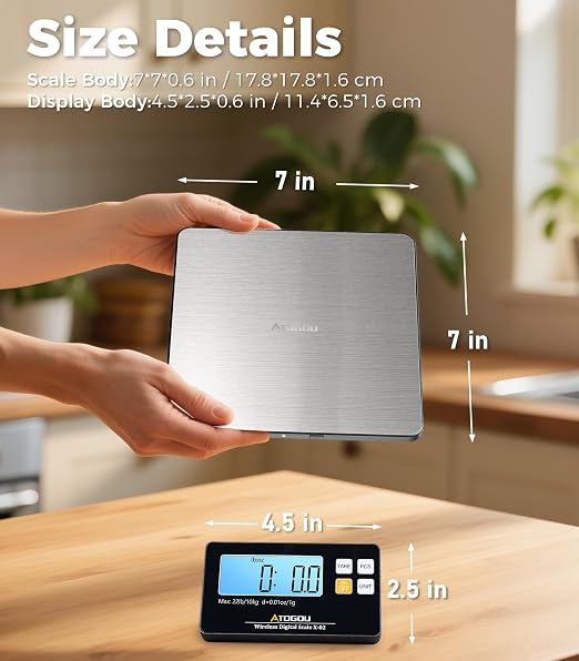 Atogou Wireless Kitchen Scale, 22lb/10kg Food Scale with Detachable Display & Larger Platform, 0.01oz/1g, 9 Units, Counting Function, Stainless Steel, for Cooking, Baking, Shipping, Sliver