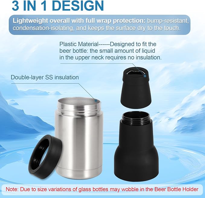 12oz Universal Beer Bottle Holder Double Walled SS Beer Can Cooler | 3 in 1 Can Koozie with Beer Opener Vacuum Insulated - fit Fishing, Camping Outdoor Activities and Nice Gift for Men(Silver)