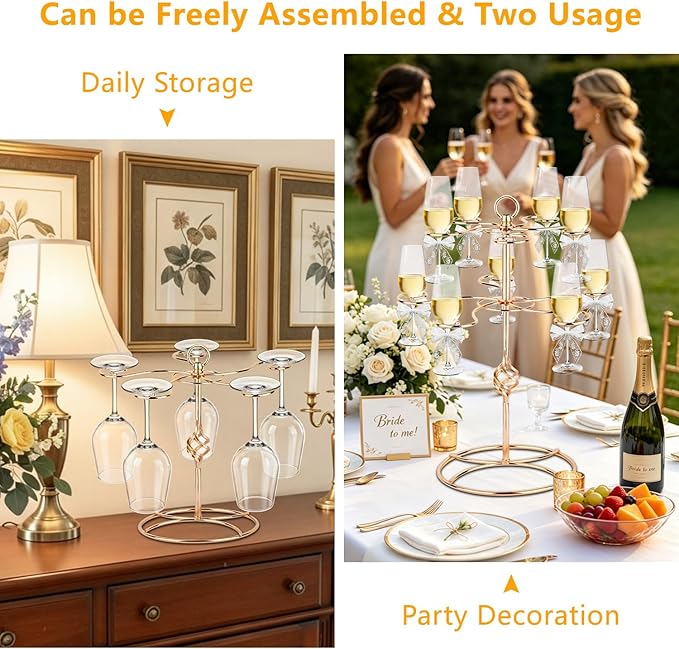 QPIX DIGITAL Wine Glass Rack 2 Tier 10 Holders Wine Glass Holder Stand, Elegant Rose Gold Cocktail Tree Stand Countertop Tabletop Stemware Rack for Home and Bar Storage,Easy Assembly