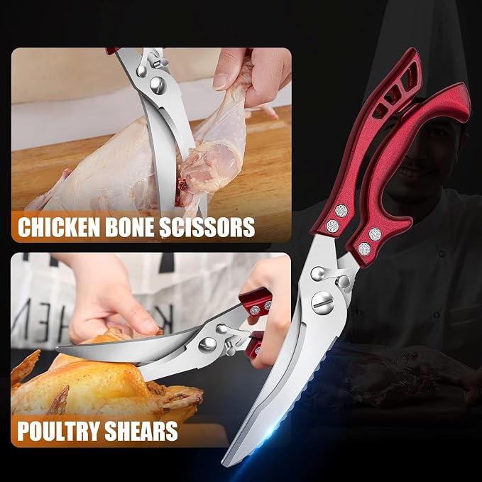 Poultry Shears Red - Heavy Duty Stainless Steel Kitchen Shears | Serrated Edge, Spring Loaded Rust Resistant, Multipurpose for Chicken Turkey Fish, Gift for Men Women