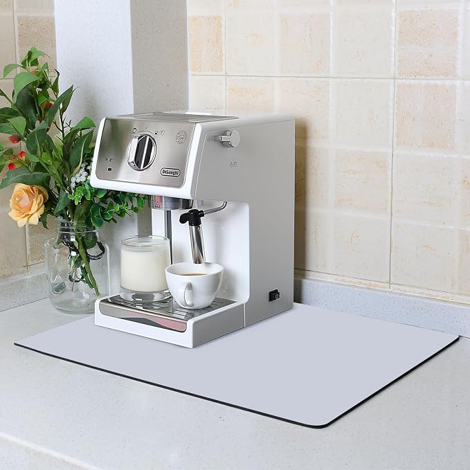 ZLR Coffee Bar Mat for Coffee Station, 16"x20" Large, Light Gray | Absorbent Dish Drying Mat, Stain-Hiding Top, Non-Slip Back, Fits Espresso, Grinder, Knock Box, Frother & Cup Display